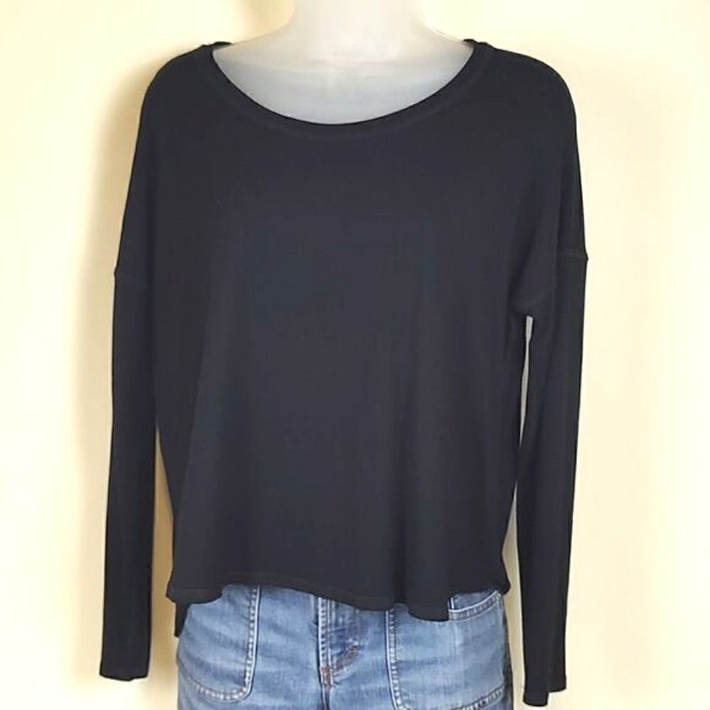 Eileen Fisher High Low Long Sleeve Exposed Seams Top Black Size XS